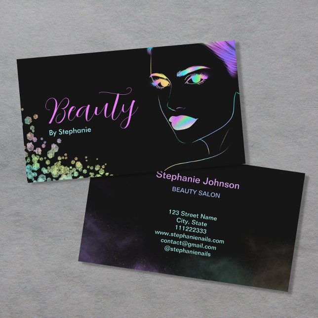 Tarjeta De Visita Salón de belleza de maquillaje Purpurina holográfi (Subido por el creador)