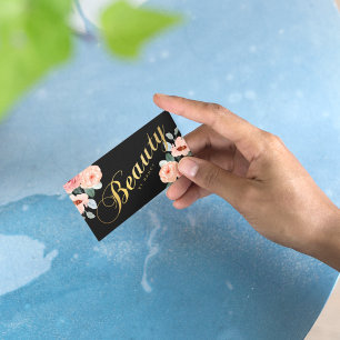 Tarjeta De Visita Salón de belleza dorada caligrafía acuarela Floral