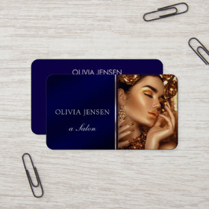Tarjeta De Visita Salón De Belleza Elegante De Pelo Azul Y Oro Moder