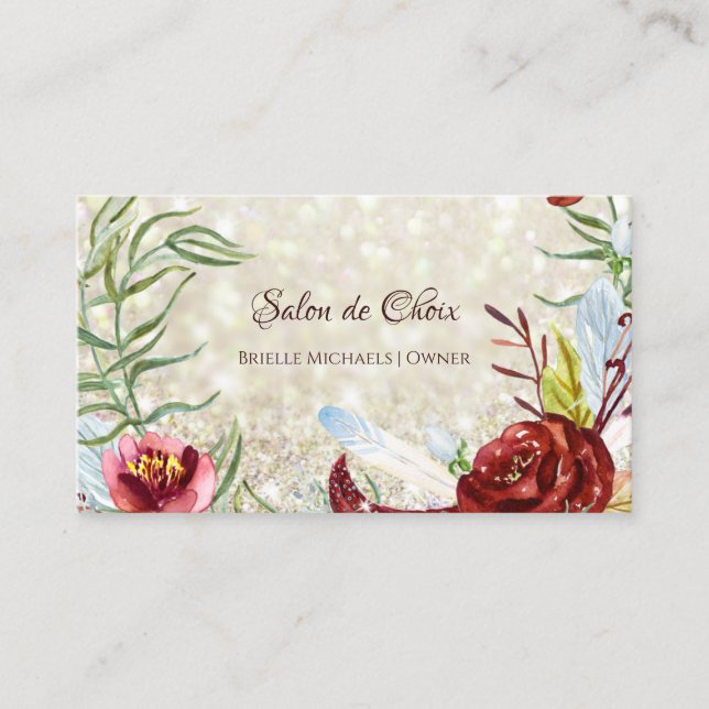 Tarjeta De Visita Salón de belleza elegante Purpurina de oro floral  (Anverso)