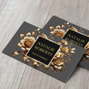 Tarjeta De Visita Salón de belleza floral de oro moderno y SPA gris 