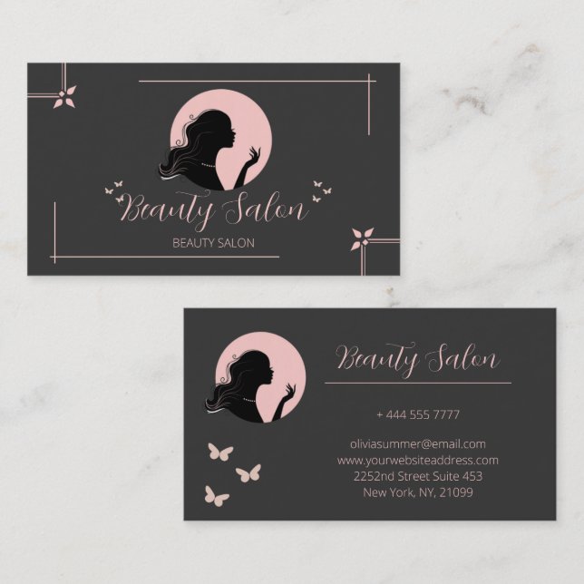 Tarjeta De Visita Salón de belleza gris oscuro y rosa (Anverso / Reverso)