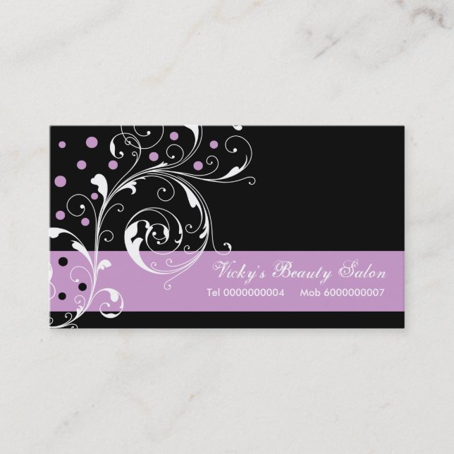 Tarjeta De Visita Salón de belleza hoja de desplazamiento floral púr (Anverso)