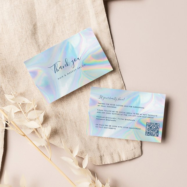 Tarjeta De Visita Salón de Belleza Holográfica QR Código Script Grac (Business Thank You Card with Custom QR Code)
