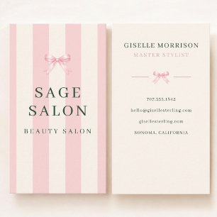Tarjeta De Visita Salón de Belleza Lazo Preppy Rayado de Rosa y Verd