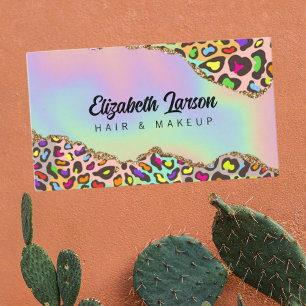 Tarjeta De Visita Salón de Belleza Leopardo Chic Iridescente Holográ