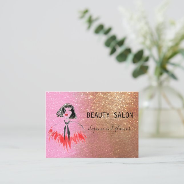 Tarjeta De Visita Salón de belleza moderno Purpurina Oro Rosa (Anverso de pie)