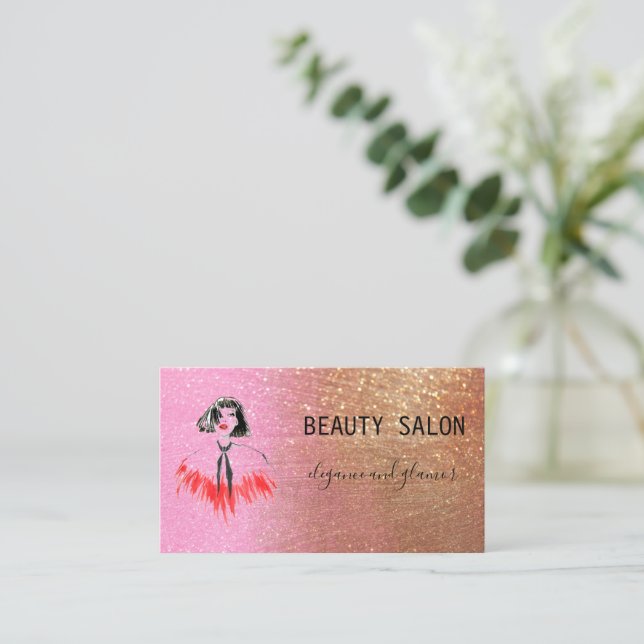 Tarjeta De Visita Salón de belleza moderno Purpurina Oro Rosa (Anverso de pie)