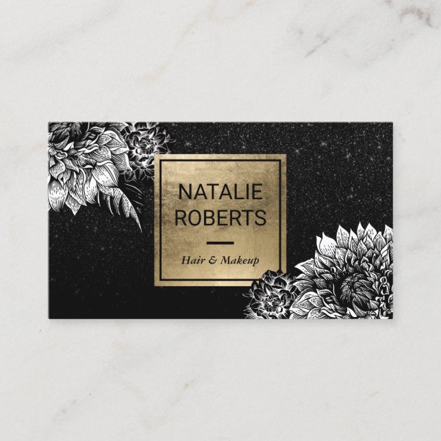 Tarjeta De Visita Salón de belleza negro floral moderno del (Anverso)