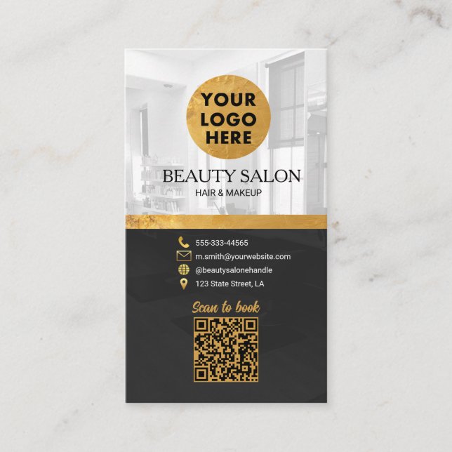 Tarjeta De Visita Salón de belleza Oro Negro Código QR Cita (Anverso)