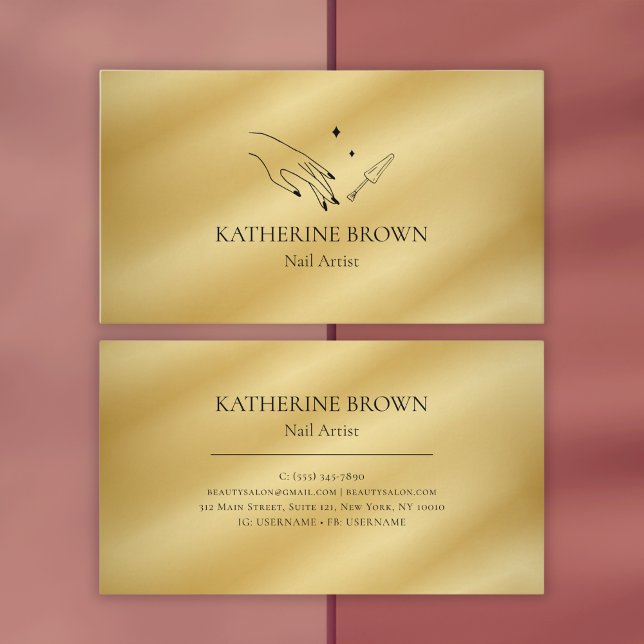 Tarjeta De Visita Salón de belleza profesional de artistas de uñas (Luxury Gold Nail Artist Business Card – Elegant & Professional Design)