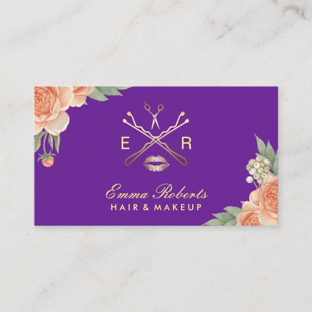 Tarjeta De Visita Salón de belleza Purple & Gold Floral (Anverso)