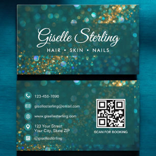 Tarjeta De Visita Salón de belleza Purpurina de oro Código QR Verde
