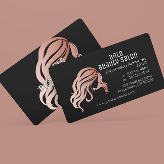 Tarjeta De Visita Salón de belleza Rosa metálico pelo dorado estilis