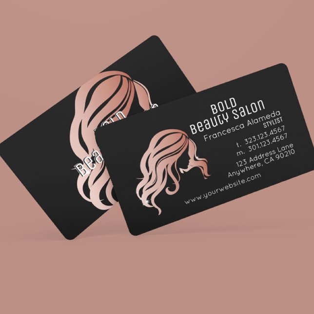 Tarjeta De Visita Salón de belleza Rosa metálico pelo dorado estilis (Subido por el creador)