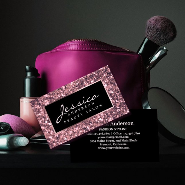Tarjeta De Visita Salón de belleza Rosa Purpurina de oro (Rose Gold Glitter Beauty Salon Business Card #zazzlemade #luxuryrosegold #beautybusinesscard #chick)