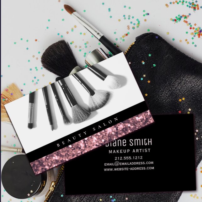 Tarjeta De Visita Salón de belleza Rosa Purpurina de oro (Rose Gold Glitter Beauty Salon Business Card #zazzlemade #brushes #beautysalon #rosegoldblack)