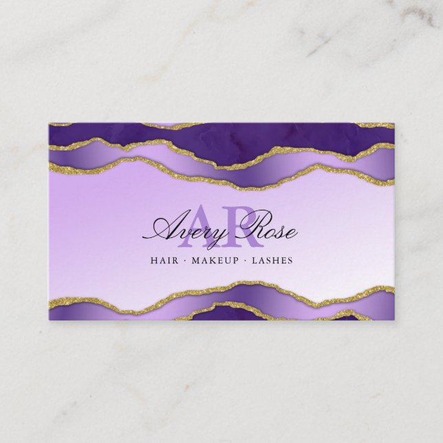Tarjeta De Visita Salón de belleza Violet & Gold Marble Agate (Anverso)