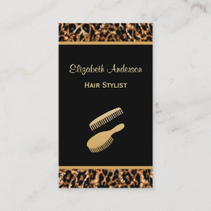 Tarjeta De Visita Salón de cabello elegante de pincel negro y leopar