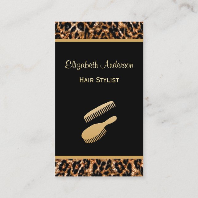 Tarjeta De Visita Salón de cabello elegante de pincel negro y leopar (Anverso)
