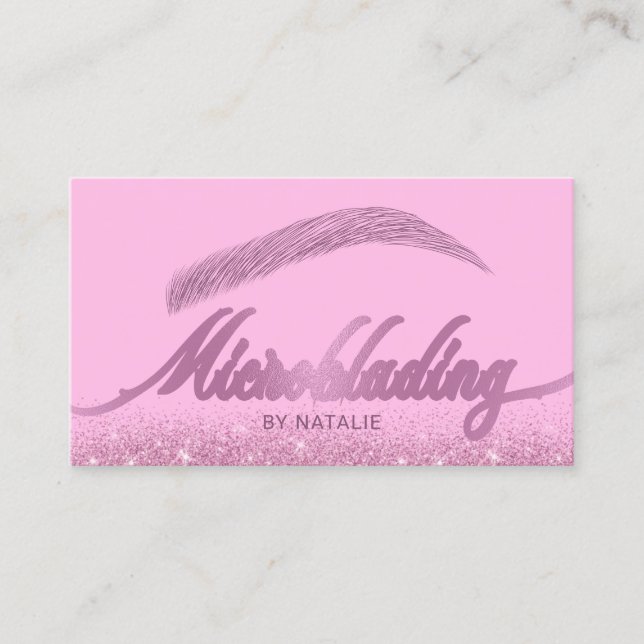 Tarjeta De Visita Salón de cejas Microblando Purpurina rosa moderno (Anverso)