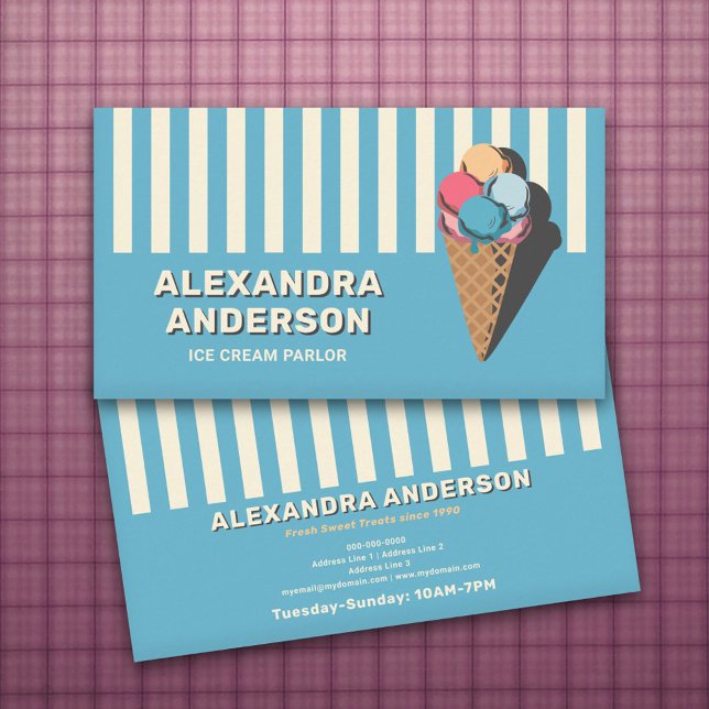 Tarjeta De Visita Salón de Crema de Hielo - De rayas y de época (Ice Cream Parlor - Striped and Vintage Business Card)