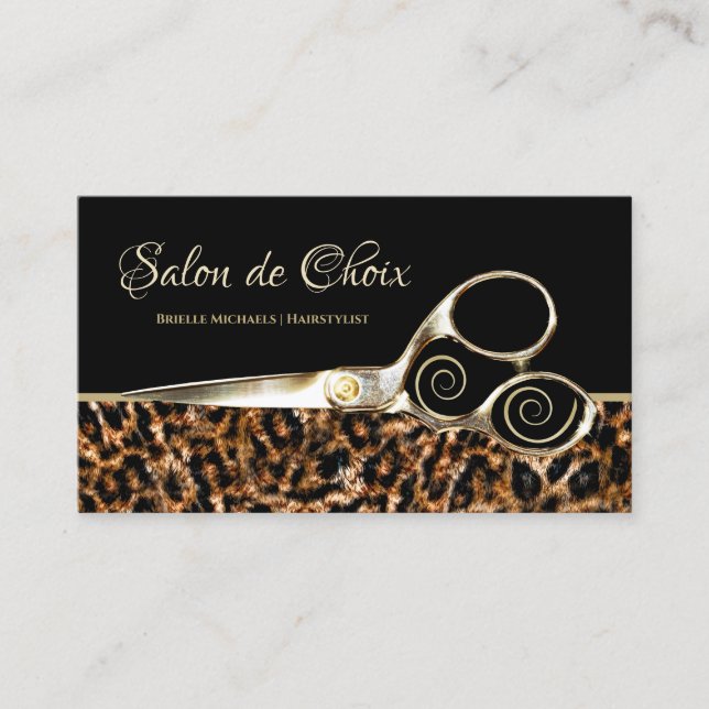 Tarjeta De Visita Salón de elegantes tijeras de oro de leopardo de m (Anverso)