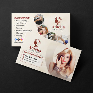 Tarjeta De Visita Salón de Estilismo de Cabello Biege Elegante Maqui