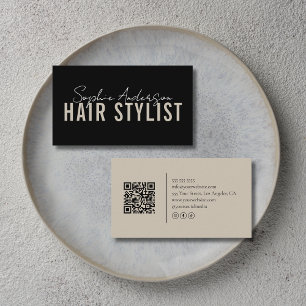 Tarjeta De Visita Salón de Estilista de Pelo Código QR Negro y Beige