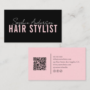Tarjeta De Visita Salón de Estilista de Pelo Código QR Negro y Rosa