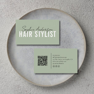 Tarjeta De Visita Salón de Estilista de Pelo Código QR Verde Sage