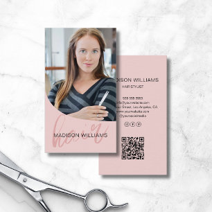 Tarjeta De Visita Salón de Estilista de Pelo QR Foto Rosa