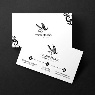 Tarjeta De Visita Salón de Estilistas de Cabello Blanco y Negro Simp