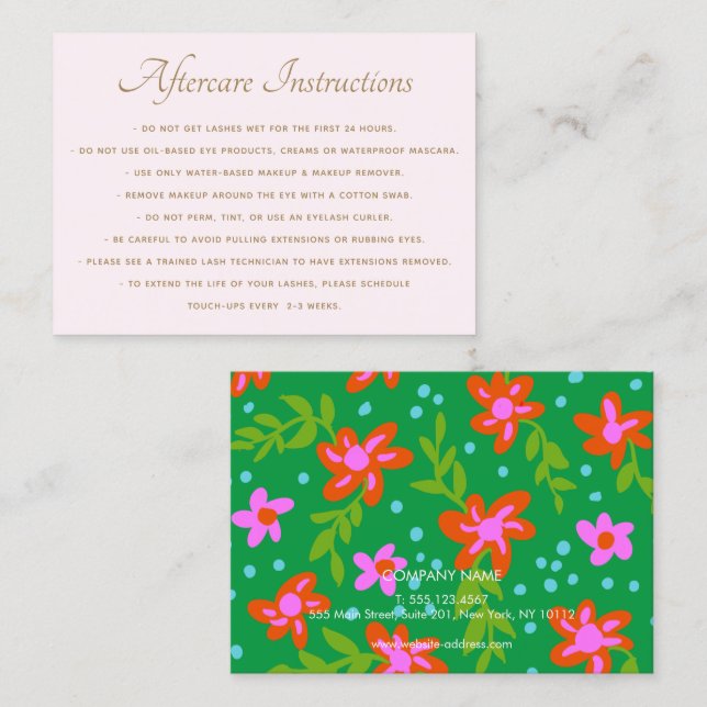 Tarjeta De Visita Salón de Extensiones de Lash Cute Floral AfterCare (Anverso / Reverso)