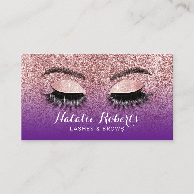 Tarjeta De Visita Salón de Extensiones Eyelash Oro Rosa Oro Púrpura  (Anverso)