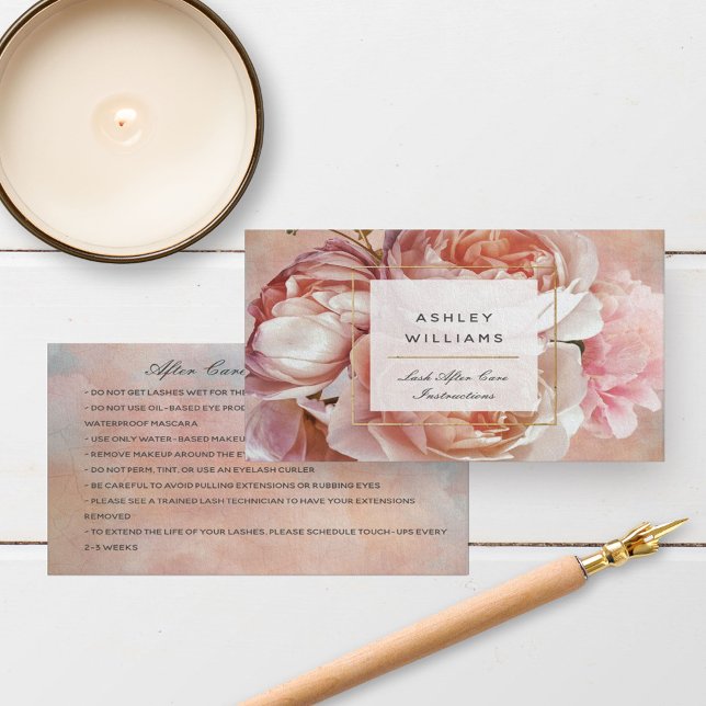 Tarjeta De Visita Salon de Lash Aftercare Floral Rosa Rubor (Easily personalize this beautiful after care card to match the business card in our store!)
