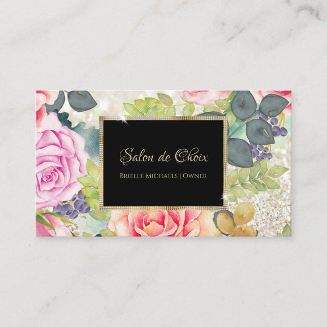 Tarjeta De Visita Salón De Lujo Elegante Purpurina Rosa Floral Elega (Anverso)