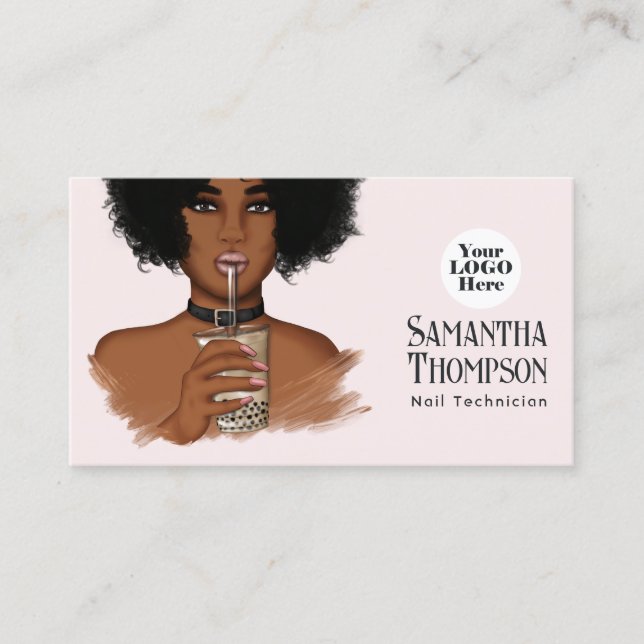 Tarjeta De Visita Salón de Manicura Afroamericano Rosa Gold y Rubor (Anverso)