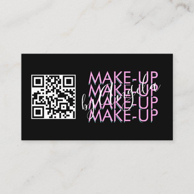 Tarjeta De Visita Salón de maquillaje Código QR Guión negro rosado (Anverso)