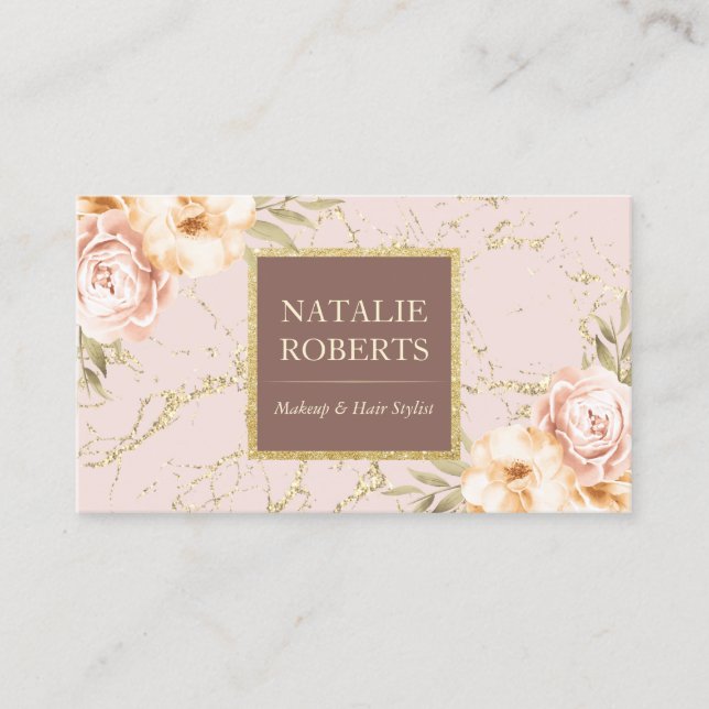Tarjeta De Visita Salón de maquillaje de mármol moderno con flores d (Anverso)