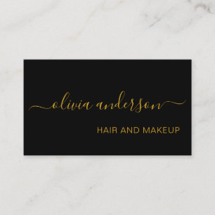 Tarjeta De Visita Salón de maquillaje de pelo simple negro y dorado