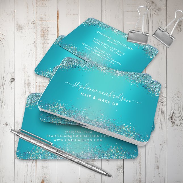 Tarjeta De Visita Salón de maquillaje del Purpurina holográfico Verd (Trendy Teal Holographic Glitter Hair Makeup Salon Business Card)