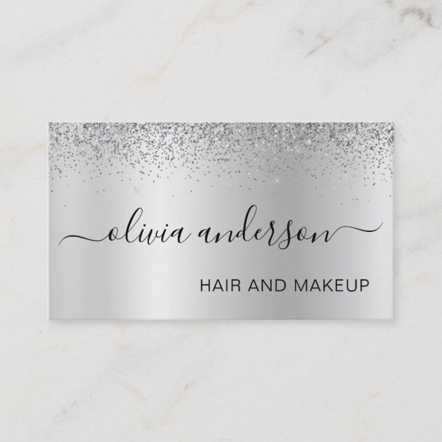 Tarjeta De Visita Salón de maquillaje del Purpurina plateado Metálic (Anverso)