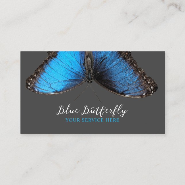 Tarjeta De Visita Salón de mariposa azul y spa elegante gris oscuro (Anverso)