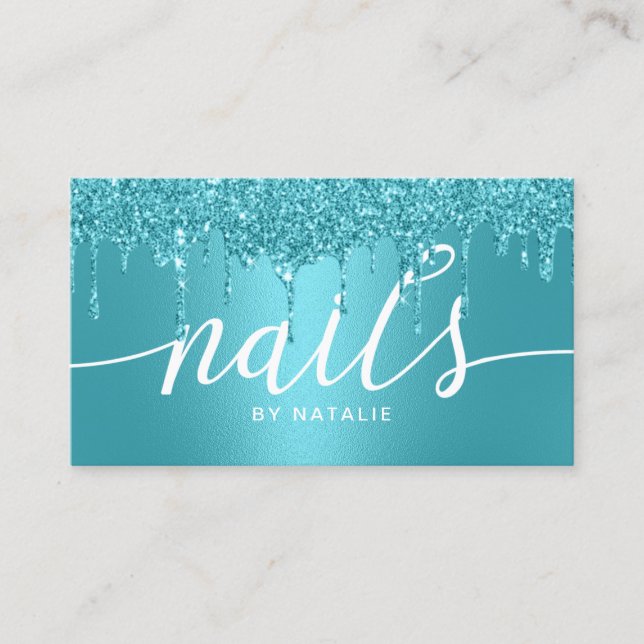 Tarjeta De Visita Salon de Nail Turquoise Purpurina Dris Manicurista (Anverso)