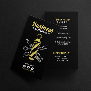 Tarjeta De Visita Salón de peluquería de barbería negra minimalista