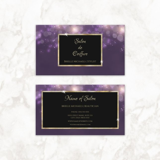 Tarjeta De Visita Salón de Purpurina Morada (Elegant Purple Bokeh Salon Black and Gold Frame Business Cards)