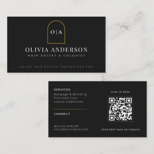 Tarjeta De Visita Salón de QR Moderno Minimalista Negro y Dorado