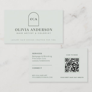 Tarjeta De Visita Salón de QR Verde Salvia Minimalista Moderno