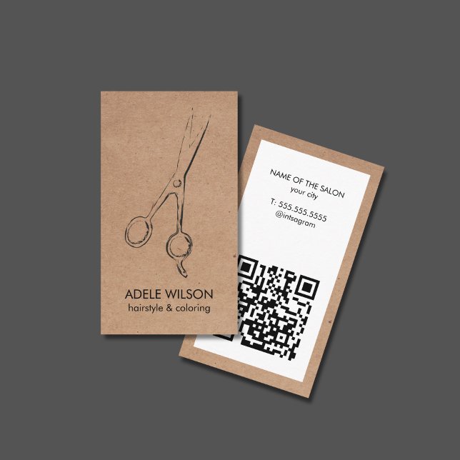 Tarjeta De Visita Salón de tijeras de código QR blanco Faux Kraft (Subido por el creador)